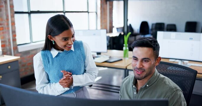 Surprise, computer and business people with celebration, congrats and good news with achievement. Smile, coworkers and friends with pc, emotion or bonus with victory, winning and promotion with shock