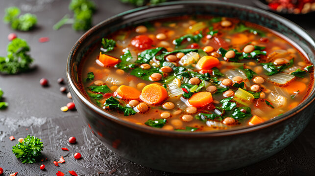 Spinach and Lentil Soup featuring lentils, spinach, carrots, celery, onions, garlic, and spices like cumin and paprika.