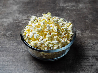 popcorn in a glass bowl