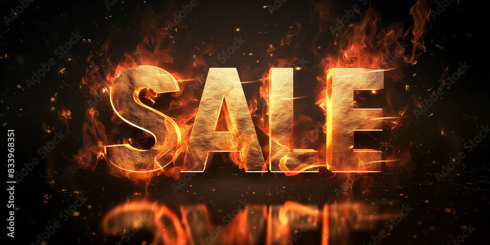 Poster sale concept banner design. burning fire letters. advertising promotion horizontal layout. digital i - Posters