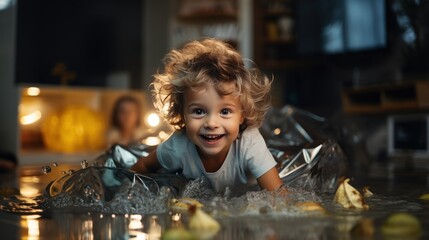 A young child with a big smile plays in water indoors, surrounded by floating objects and leaves