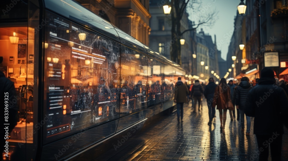 Wall mural An evening city scene with pedestrians and a reflective information display glowing on a street