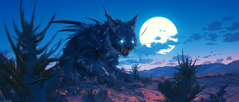 A chupacabra with glowing eyes, prowling through a moonlit desert landscape