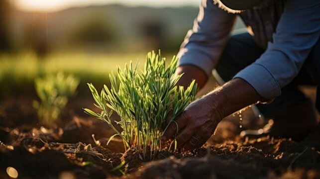 Close-up of a farmer's hands tenderly caring for young green plants in the soil during a golden sunset