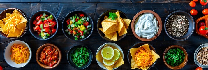 Ingredients of nachos – chips, cheese, and toppings – laid out separately, highlighting the individual elements that create this popular snack.

