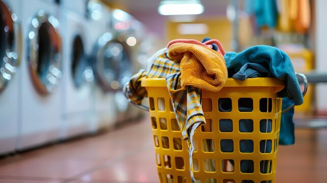 A laundry basket filled with colorful clothes placed in a laundromat with washing machines in the background, capturing a routine household chore.