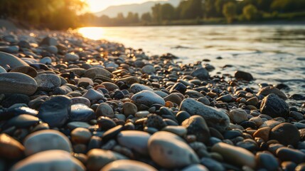 Close up image of small rounded pebbles on the river bank for background