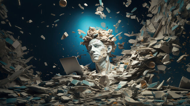 A digital artwork of a statue head exploding with pieces flying, illuminated by a backlit source