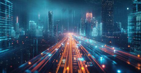 Lights of cars moving in the futuristic city.