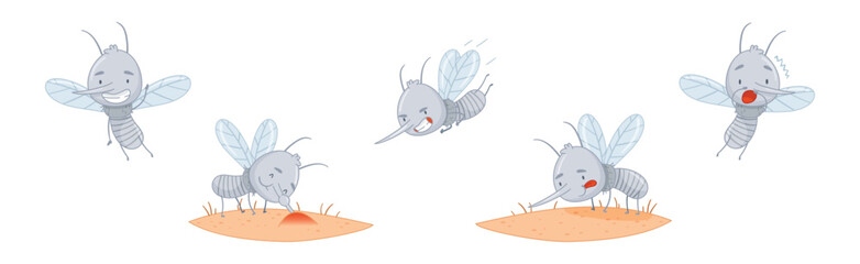 Funny Mosquito Character Parasitic Insect with Sting Vector Set