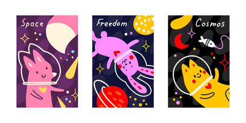 Space postcard template with cute astronauts. Vector illustration with little fox, kitten and rabbit
