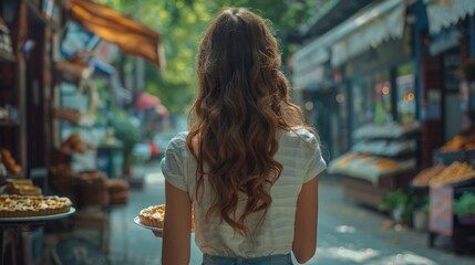 Young Woman Holding Freshly Baked Apple Pie in a Bustling Market Setting. Generative ai.