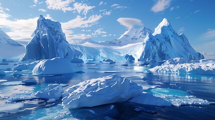 A serene panoramic image of a majestic icebergs and calm blue water in a polar landscape under a clear sky - Powered by Adobe