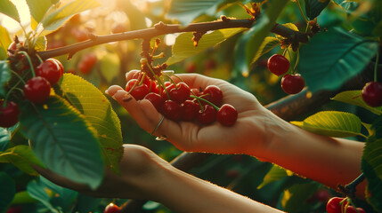 woman hands collecting cherries in summer day