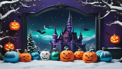 Fototapeta premium Autumn to Winter: Mixed Halloween and Christmas Decor in a Festive Room Mockup