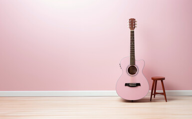 Pink Acoustic Guitar and Stool Against Pastel Pink Wall in Minimalist Interior