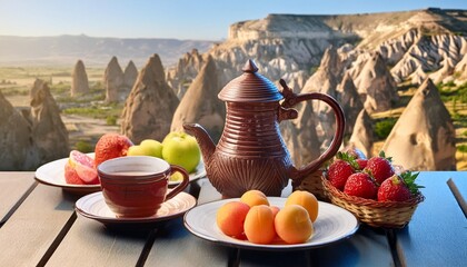traditional turkish breakfast with fruits with cappadocia view