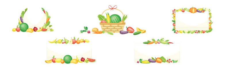 Bright Fruit and Vegetable Frame with Ripe and Fresh Agricultural Cultivar Vector Set