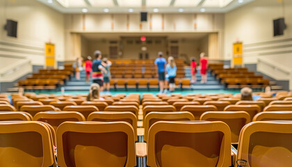 a  of a school auditorium with rows of seats and a stage, capturing a blurred background of students preparing for a performance or assembly, Interior, School, indoor