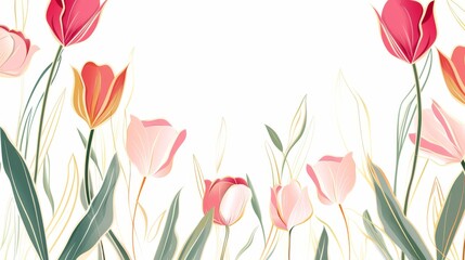Tulips floral, luxury botanical on white background vector, empty space in the middle to leave room for text or logo, gold line wallpaper, leaves, flower, foliage, hand drawn