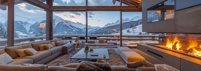 Modern luxury chalet with open-plan living room, floor-to-ceiling windows, and panoramic mountain views surrounding a roaring fireplace