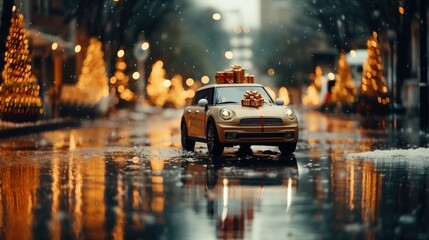 Toy car with presents on its roof driving through an illuminated snowy city street during the festive season
