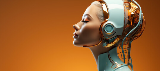 futuristic female cyborg with advanced technology helmet and orange background, banner with copy space