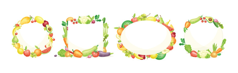 Bright Fruit and Vegetable Frame with Ripe and Fresh Agricultural Cultivar Vector Set
