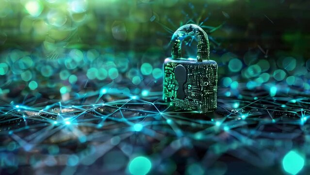 Glowing digital lock icon superimposed on intricate circuitry, symbolizing cybersecurity and data protection. The concept importance of securing sensitive information