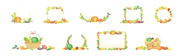 Bright Fruit and Vegetable Frame with Ripe and Fresh Agricultural Cultivar Vector Set