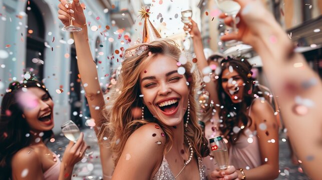 Joyous Celebration: Happy Young Woman with Friends Enjoying Confetti at Outdoor Bachelorette Party. Generative ai