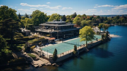 Obraz premium An aerial image showcases a luxury house with a tennis court, situated by a lake surrounded by lush greenery