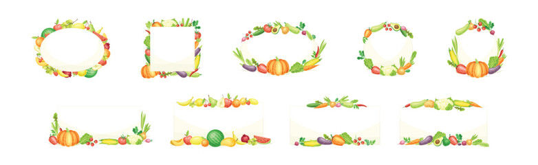 Bright Fruit and Vegetable Frame with Ripe and Fresh Agricultural Cultivar Vector Set