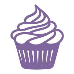 A purple cupcake with a swirly frosting design
