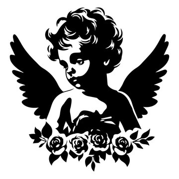 recommend clip art: A black and white silhouette of a cherub or angel figure