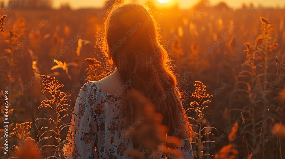 Wall mural Woman with long hair standing in a field of wildflowers during sunset, capturing the beauty and tranquility of nature in golden hour lighting.