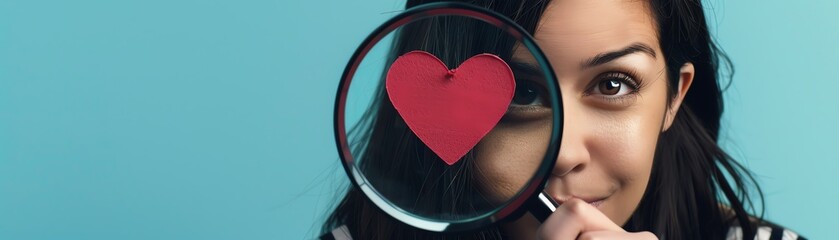 Woman with magnifying glass showing heart symbol, close-up. Concept of love, exploration, and discovery against a blue background.