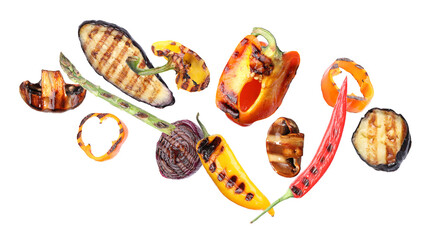 Delicious grilled vegetables in air on white background