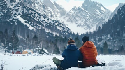 Two people enjoy a scenic winter landscape with snow-covered mountains, trees, and tents, capturing the beauty of nature on a cold day.