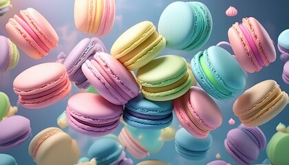Pastel pink, purple, green, blue, cream and yellow colors macaroons floating in the air.