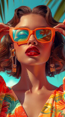Obraz premium Retro style pastel colors summer background. Fashion woman wearing big sunglasses.