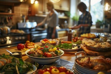 A heartwarming scene in a bustling kitchen as a family comes together to prepare a delicious meal for their long-awaited reunion dinner.