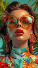 Fototapeta premium Retro style pastel colors summer background. Fashion woman wearing big sunglasses.
