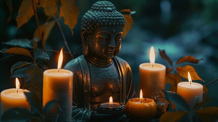 Buddha between leaves and candles