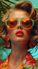Obraz premium Retro style pastel colors summer background. Fashion woman wearing big sunglasses.