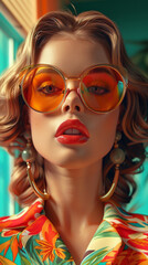 Obraz premium Retro style pastel colors summer background. Fashion woman wearing big sunglasses.
