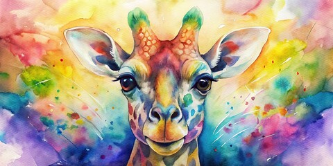 Colorful whimsical watercolor painting of a giraffe head, perfect for wildlife lovers and jungle enthusiasts , giraffe, animal, oil painting, artwork, hand painted, colorful, whimsical