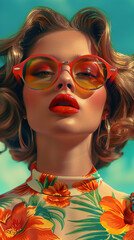 Fototapeta premium Retro style pastel colors summer background. Fashion woman wearing big sunglasses.