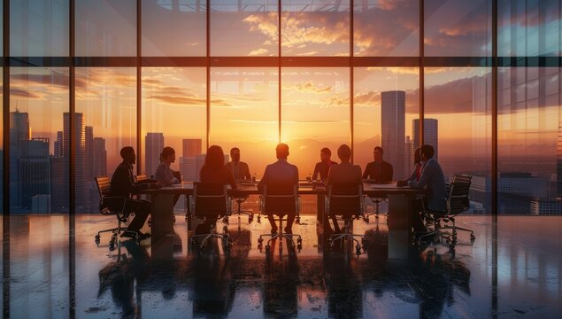 A group of business people in silhouette standing against the backdrop of an illuminated city skyline at sunset, and bokeh creating a dreamy atmosphere, symbolizing unity success work.