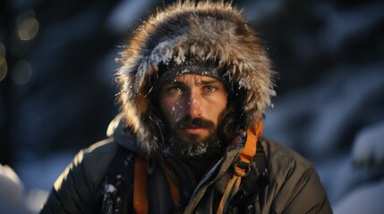 A rugged man in furry winter gear against a snowy background lit by the setting sun